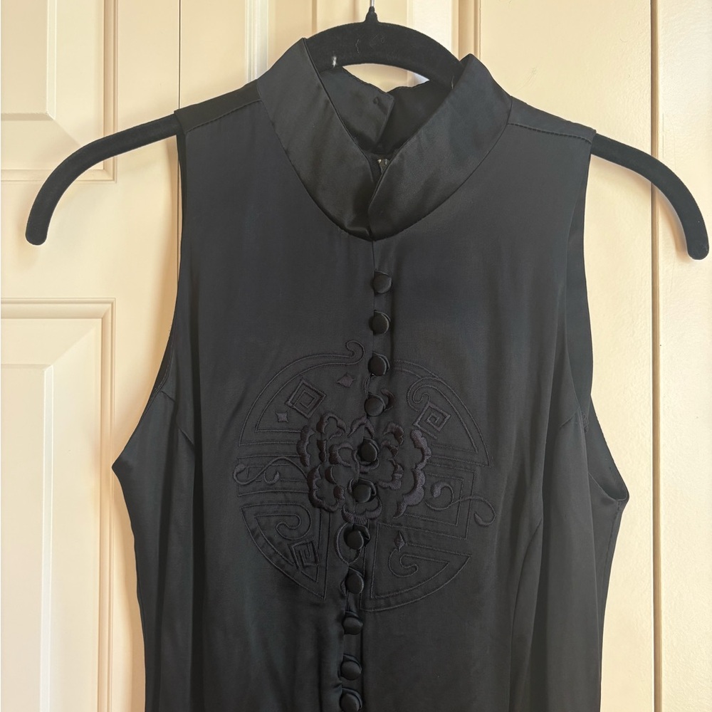 Vintage L.A. Glo Black Satin Button Front Mandarin Collar Long Dress XS